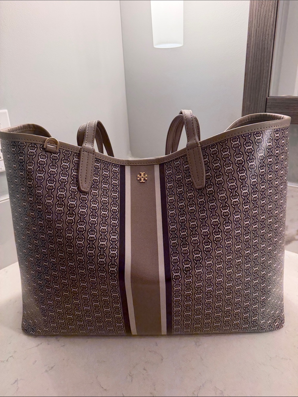 Tory Burch Taupe Stripe Logo Tote